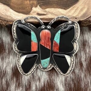 FEDERICO JIMENEZ Sterling Silver Jet Turquoise Spiny & Howlite Butterfly Pin